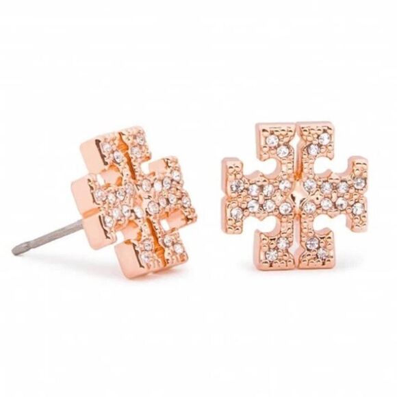 NWOT Tory Burch Rose Gold Logo Shape Pave Stud Earrings - Picture 4 of 6
